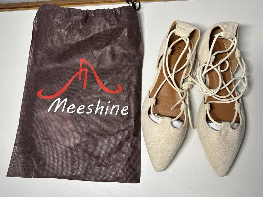 Meeshine Women's D'Orsay Pointy Toe Ankle Strap Wrap Ballet Flats Lace Up Sz 7